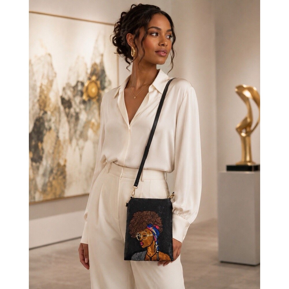 UNNI Black Sequin Crossbody Bag Natural Hair Woman Purse Gold Accent Bag - Picture 7 of 10